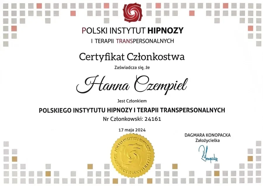 Certyfikat Członkostwa Polskiego Instytutu Hipnozy i Terapii Transpersonalnych