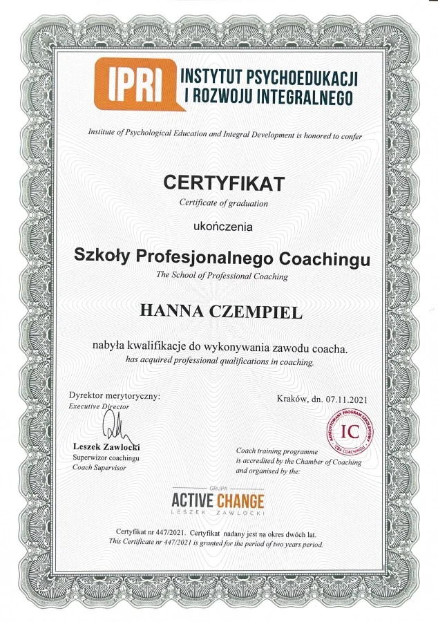 Certyfikat Szkoły Profesjonalnego Coachingu