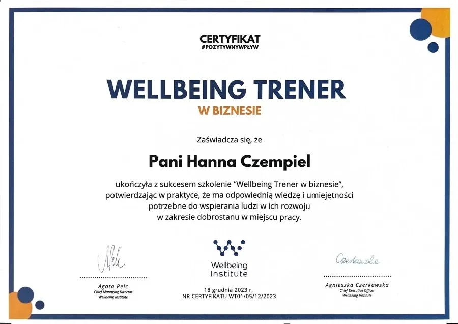 Certyfikat Wellbeing Trener w biznesie