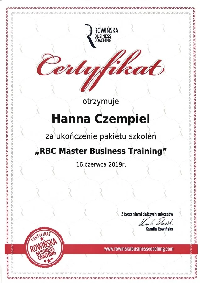 Certyfikat RBC Master Business Training