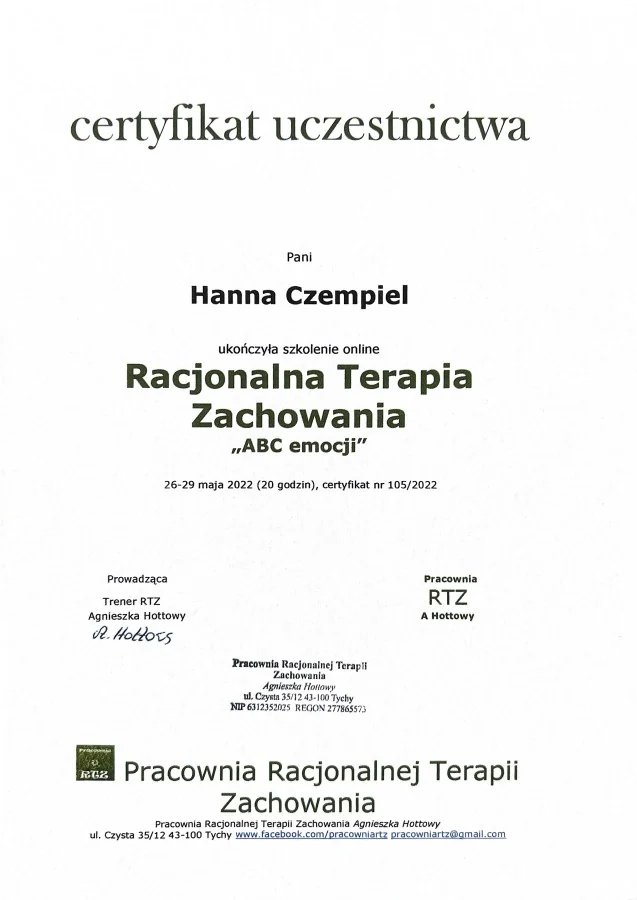 Certyfikat Racjonalna Terapia Zachowania